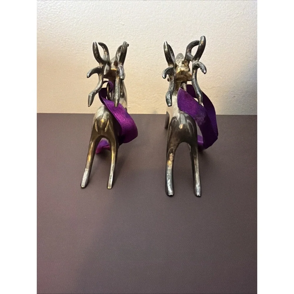 Vintage Pottery Barn Solid Silver Plate Reindeer Ornaments Pair Holiday Patina